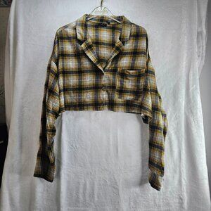 Urban Outfitter Yellow Cropped Top Plaid Button Up Shirt Long Sleeve Size M